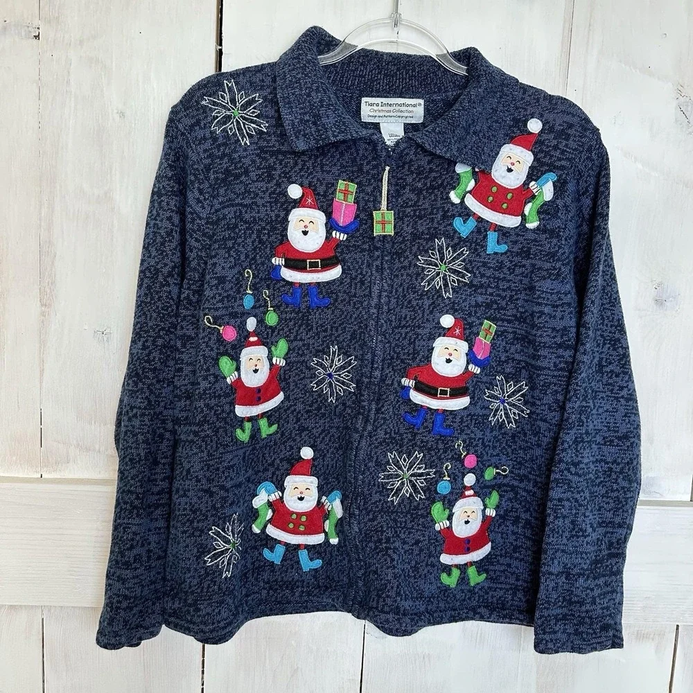 Tiara International Santa Christmas Cardigan Sweater Large Embellished VTG‎ 90s